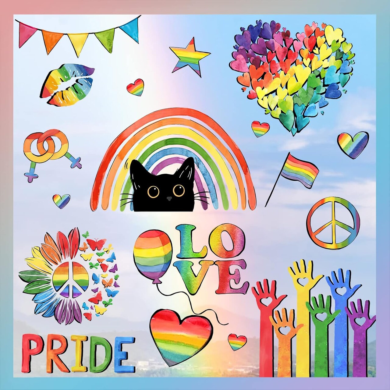 Gay Pride LGBTQ Rainbow Window Clings 9 Sheets, Equality Diversity Sunflower Love Hearts Black Cat Stickers Decals Decor, Lesbian Pansexual Bisexual Pride Month Home Kitchen Decorations